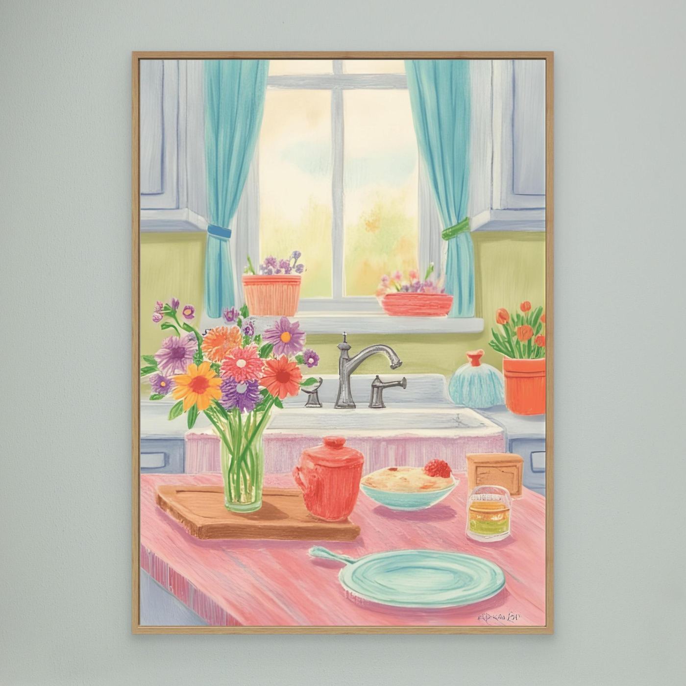Pink flowers, blue teapot