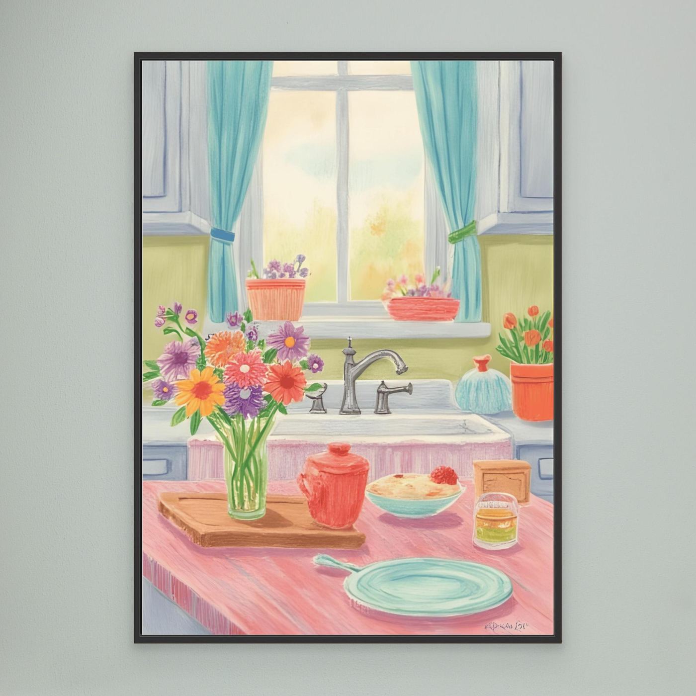 Pink flowers, blue teapot