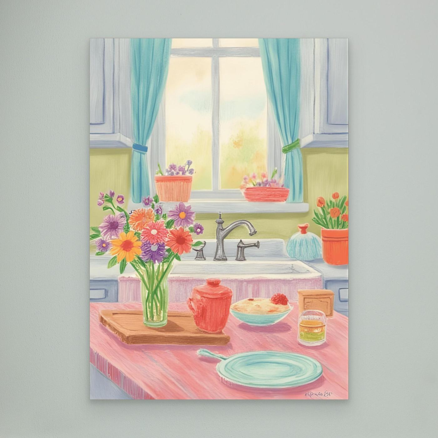 Pink flowers, blue teapot
