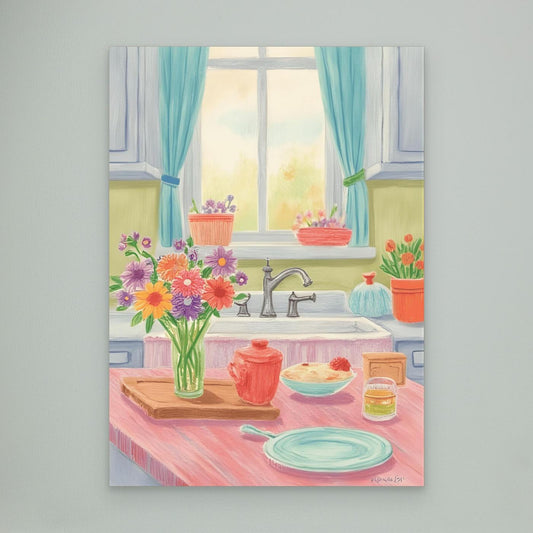 Pink flowers, blue teapot